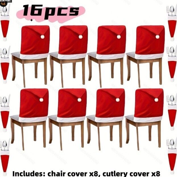 16-piece Christmas chair set-holiday red Christmas hat pattern, suitable for holiday dinners and party decorations, including 8 chair sets and 8 tableware sets, reusable, durable fabric, suitable for Christmas, New Year,and party activiti