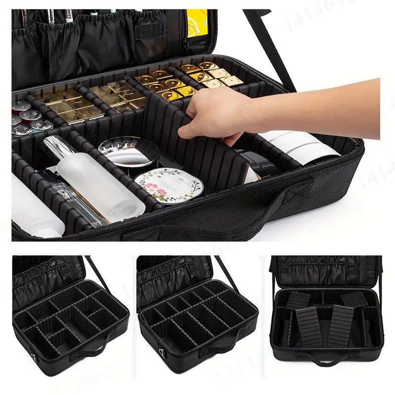**Large Waterproof Makeup Organizer: Adjustable Dividers, Detachable Brush Holder, Multi-Compartment Design, Portable & Moisture-Resistant, Professional Cosmetic Storage Case**