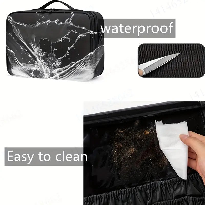 **Large Waterproof Makeup Organizer: Adjustable Dividers, Detachable Brush Holder, Multi-Compartment Design, Portable & Moisture-Resistant, Professional Cosmetic Storage Case**