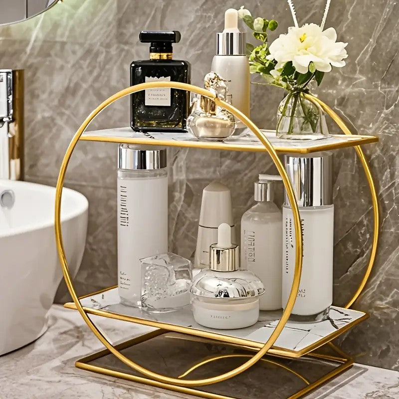 Elegant Golden Two-Tier Metal Cosmetic Organizer Stand - Luxury Countertop Makeup and Skincare Storage Shelf, Ideal for Bathroom Vanity, Home Decor,