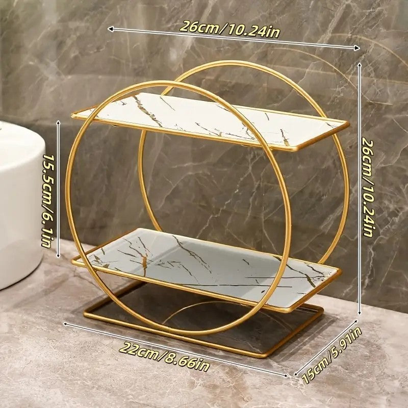 Elegant Golden Two-Tier Metal Cosmetic Organizer Stand - Luxury Countertop Makeup and Skincare Storage Shelf, Ideal for Bathroom Vanity, Home Decor, Dressing Table Accessories, and Perfume Storage