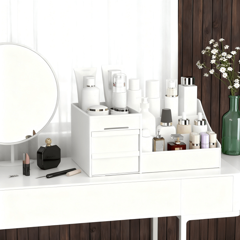 White Multi-Compartment Large-Capacity Desktop Storage Box Keeps vanity tables and desks neat and organized—lipsticks, masks, makeup brushes all stored in one box. Easy access, seamlessly fits into various settings.