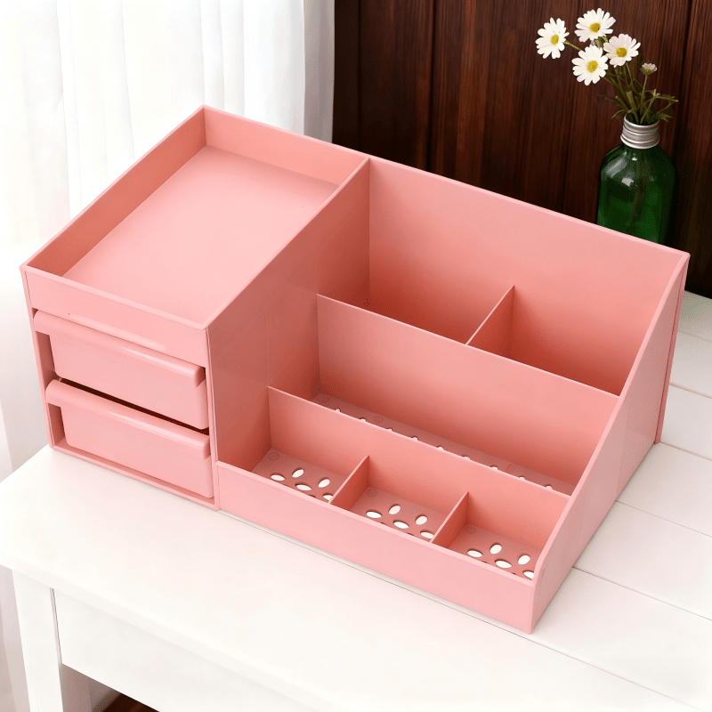 White Multi-Compartment Large-Capacity Desktop Storage Box Keeps vanity tables and desks neat and organized—lipsticks, masks, makeup brushes all stored in one box. Easy access, seamlessly fits into various settings.
