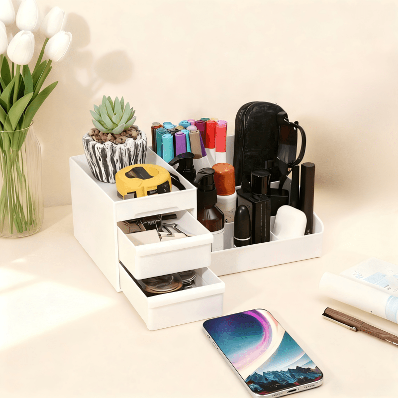 Milky white Multi-Compartment Large-Capacity Desktop Storage Box Keeps vanity tables and desks neat and organized—lipsticks, masks, makeup brushes all stored in one box. Easy access, seamlessly fits into various settings.