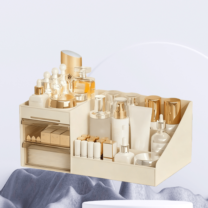 Milky white Multi-Compartment Large-Capacity Desktop Storage Box Keeps vanity tables and desks neat and organized—lipsticks, masks, makeup brushes all stored in one box. Easy access, seamlessly fits into various settings.