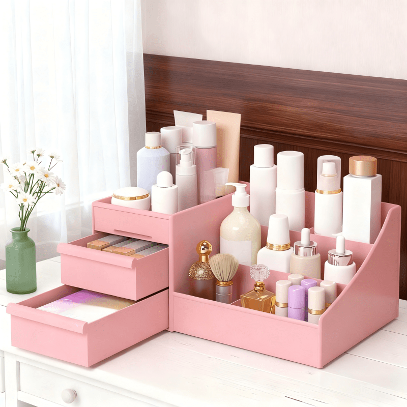 Milky white Multi-Compartment Large-Capacity Desktop Storage Box Keeps vanity tables and desks neat and organized—lipsticks, masks, makeup brushes all stored in one box. Easy access, seamlessly fits into various settings.