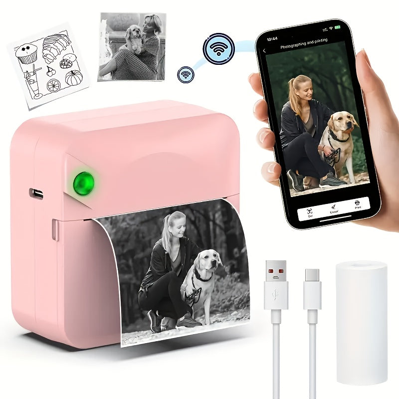 (Pink)Inkless Sticker Printer Mini Thermal Printer with Roll Thermal Paper, Wireless Pocket Printer, Smart Portable Receipt Printer for Photos, Diaries, Notes, and Preparation Work.