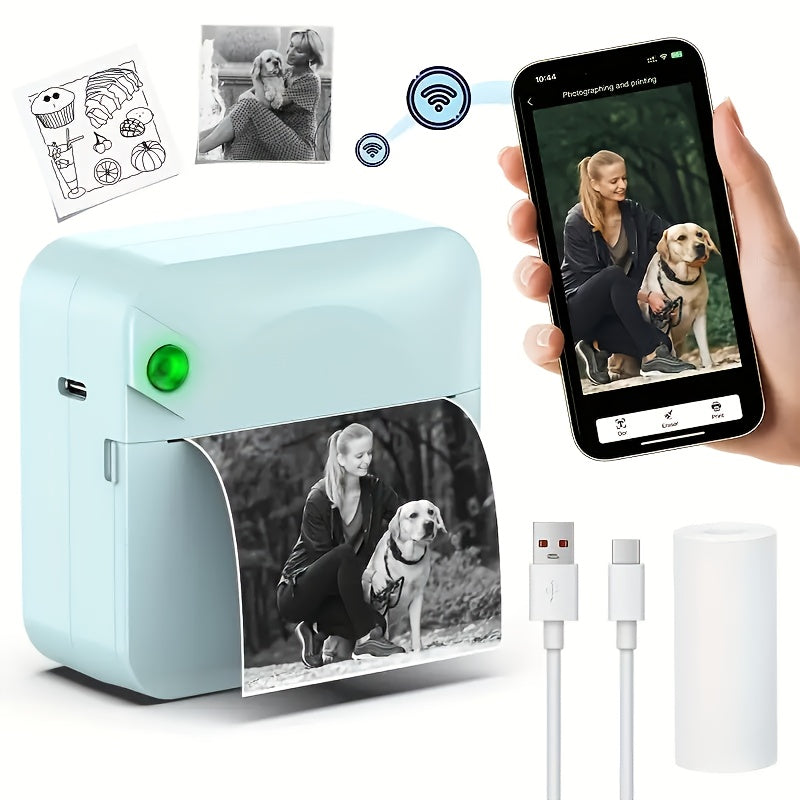 (Blue)Inkless Sticker Printer Mini Thermal Printer with Roll Thermal Paper, Wireless Pocket Printer, Smart Portable Receipt Printer for Photos, Diaries, Notes, and Preparation Work.