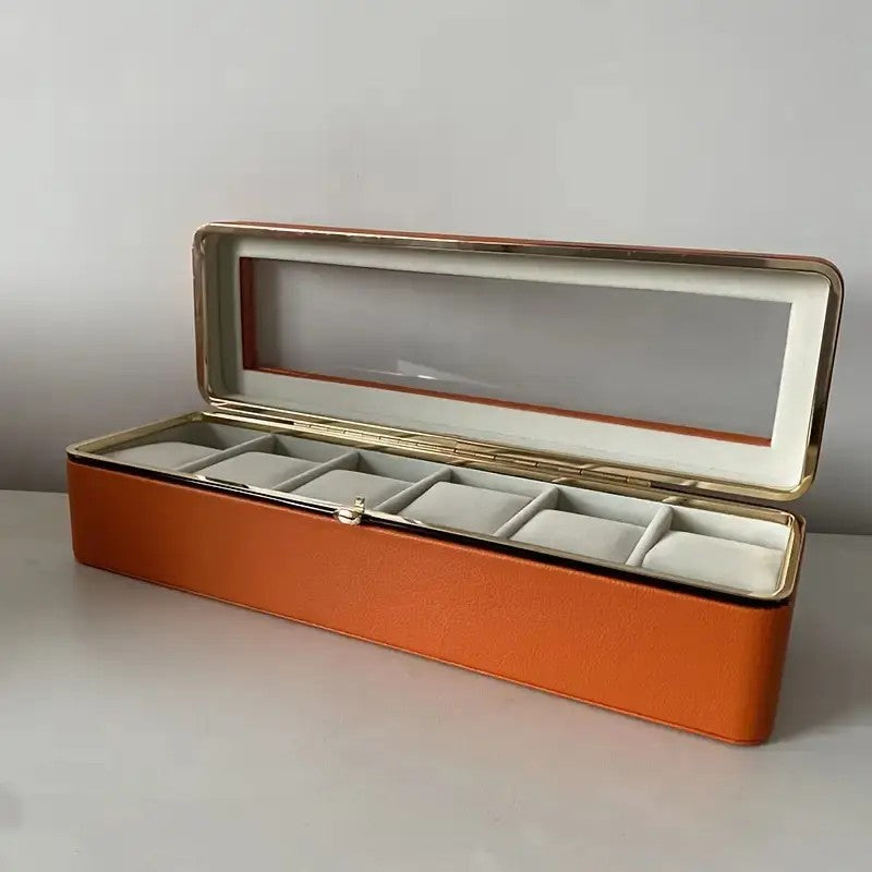 Luxury transparent-lid watch box with 6 fabric-lined compartments, portable and shockproof design, suitable for both men and women. Ideal for home, travel, or gifting—a refined storage solution for fine watches and jewelry. (White)