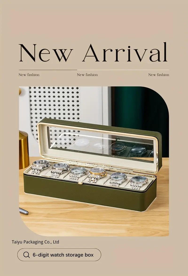 Luxury transparent-lid watch box with 6 fabric-lined compartments, portable and shockproof design, suitable for both men and women. Ideal for home, travel, or gifting—a refined storage solution for fine watches and jewelry. (White)