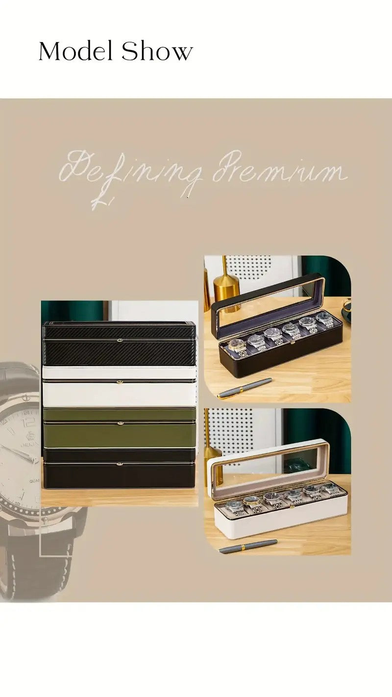 Luxury transparent-lid watch box with 6 fabric-lined compartments, portable and shockproof design, suitable for both men and women. Ideal for home, travel, or gifting—a refined storage solution for fine watches and jewelry. (White)