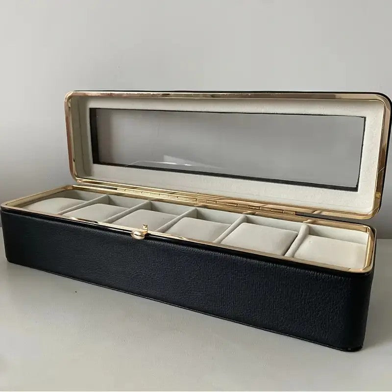 Luxury transparent-lid watch box with 6 fabric-lined compartments, portable and shockproof design, suitable for both men and women. Ideal for home, travel, or gifting—a refined storage solution for fine watches and jewelry. (White)