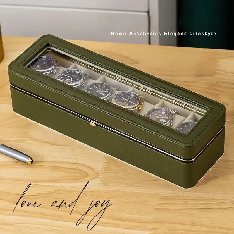 Luxury transparent-lid watch box with 6 fabric-lined compartments, portable and shockproof design, suitable for both men and women. Ideal for home, travel, or gifting—a refined storage solution for fine watches and jewelry. (brown)