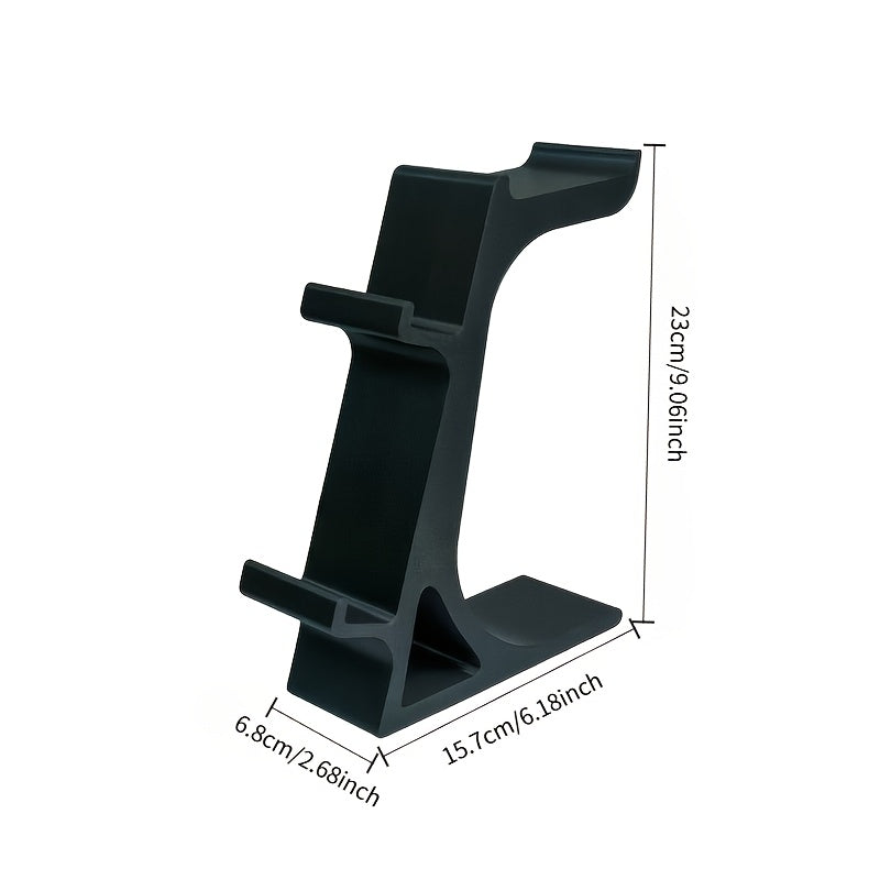 black 3-in-1 PS5 and Xbox Controller Stand – Compatible with PlayStation 5/Xbox Consoles. A gaming desktop organizer with a headphone hanger, non-charging base that holds 2 controllers and headphones. Space-saving white/black console accessory.