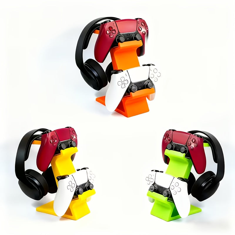 WHITE 3-in-1 PS5 and Xbox Controller Stand – Compatible with PlayStation 5/Xbox Consoles. A gaming desktop organizer with a headphone hanger, non-charging base that holds 2 controllers and headphones. Space-saving white/black console accessory.