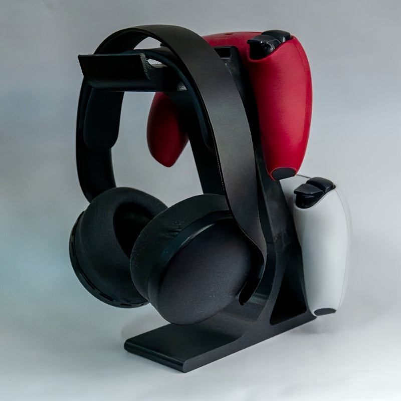 WHITE 3-in-1 PS5 and Xbox Controller Stand – Compatible with PlayStation 5/Xbox Consoles. A gaming desktop organizer with a headphone hanger, non-charging base that holds 2 controllers and headphones. Space-saving white/black console accessory.
