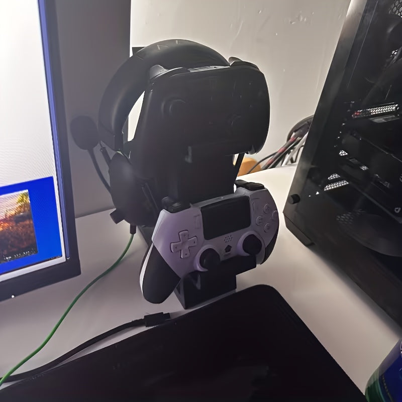 ORANGE 3-in-1 PS5 and Xbox Controller Stand – Compatible with PlayStation 5/Xbox Consoles. A gaming desktop organizer with a headphone hanger, non-charging base that holds 2 controllers and headphones. Space-saving white/black console accessory.