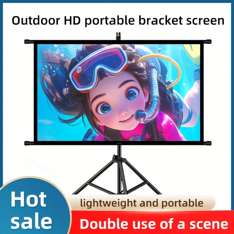 60in Portable and mobile projection screen with tripod stand, 16:9 HD format, suitable for home theater and indoor wall mounting. Made of polyester fabric, easy to set up and use. Ideal for office presentations and home entertainment, ready to use right o