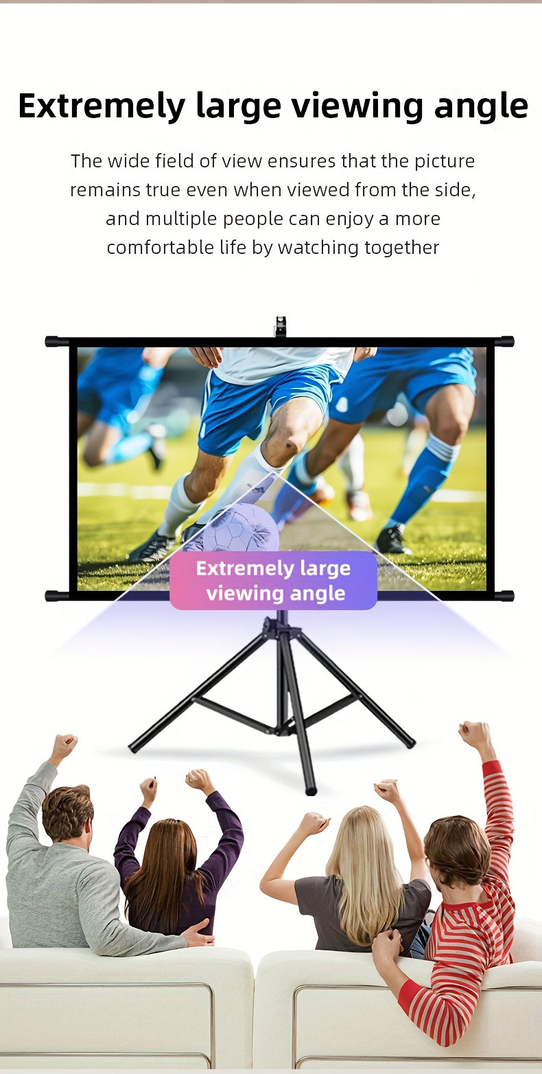 60in Portable and mobile projection screen with tripod stand, 16:9 HD format, suitable for home theater and indoor wall mounting. Made of polyester fabric, easy to set up and use. Ideal for office presentations and home entertainment, ready to use right o
