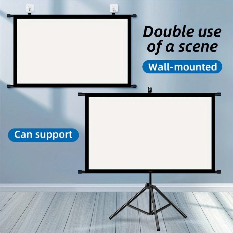 60in Portable and mobile projection screen with tripod stand, 16:9 HD format, suitable for home theater and indoor wall mounting. Made of polyester fabric, easy to set up and use. Ideal for office presentations and home entertainment, ready to use right o