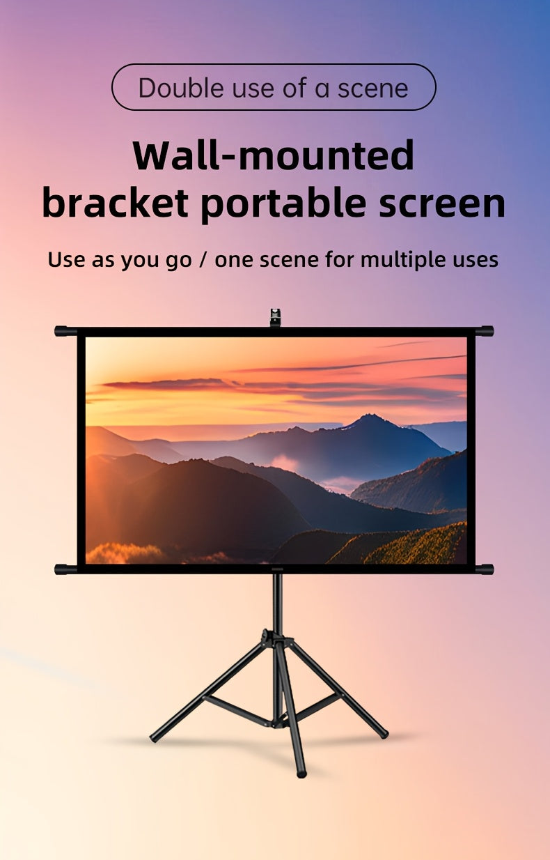 72in Portable and mobile projection screen with tripod stand, 16:9 HD format, suitable for home theater and indoor wall mounting. Made of polyester fabric, easy to set up and use. Ideal for office presentations and home entertainment, ready to use right o