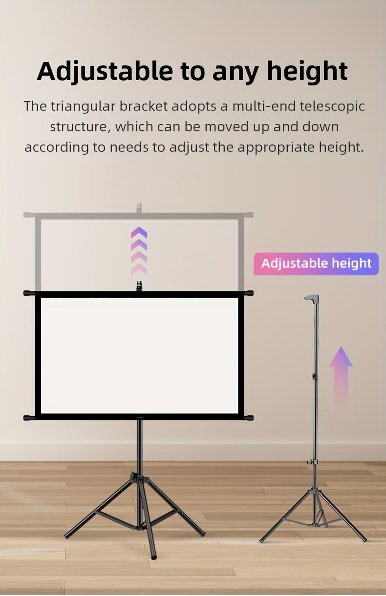 72in Portable and mobile projection screen with tripod stand, 16:9 HD format, suitable for home theater and indoor wall mounting. Made of polyester fabric, easy to set up and use. Ideal for office presentations and home entertainment, ready to use right o