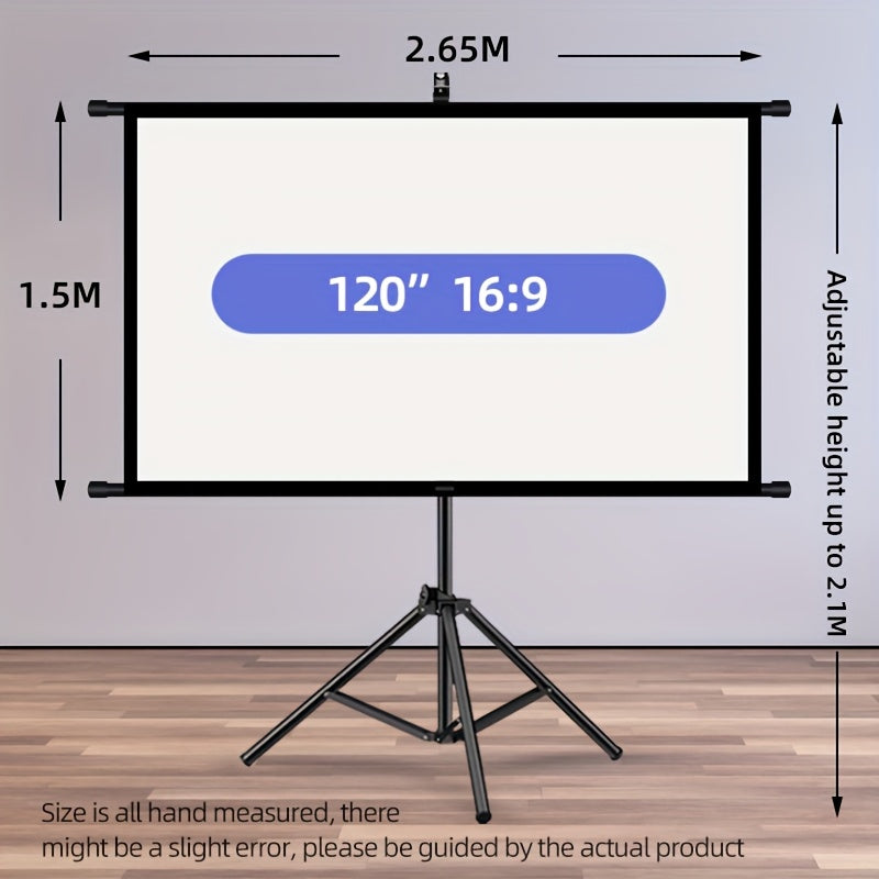 120in Portable and mobile projection screen with tripod stand, 16:9 HD format, suitable for home theater and indoor wall mounting. Made of polyester fabric, easy to set up and use. Ideal for office presentations and home entertainment, ready to use right
