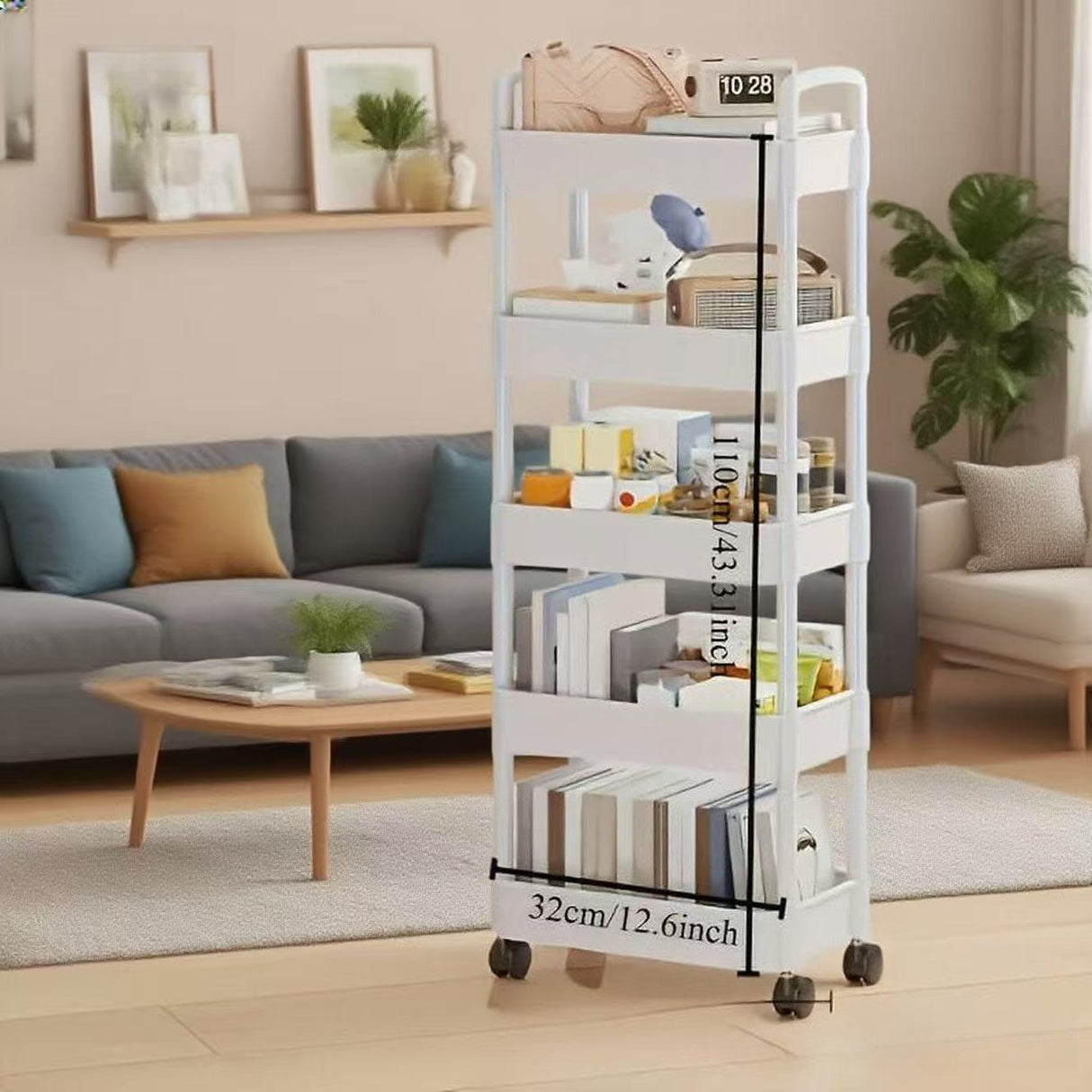 Five-Tier Rolling Cosmetics Storage Rack - Made of durable plastic, equipped with 360-degree swivel casters, strong load-bearing capacity - Suitable for bathroom, bedroom, kitchen, and home storage | White