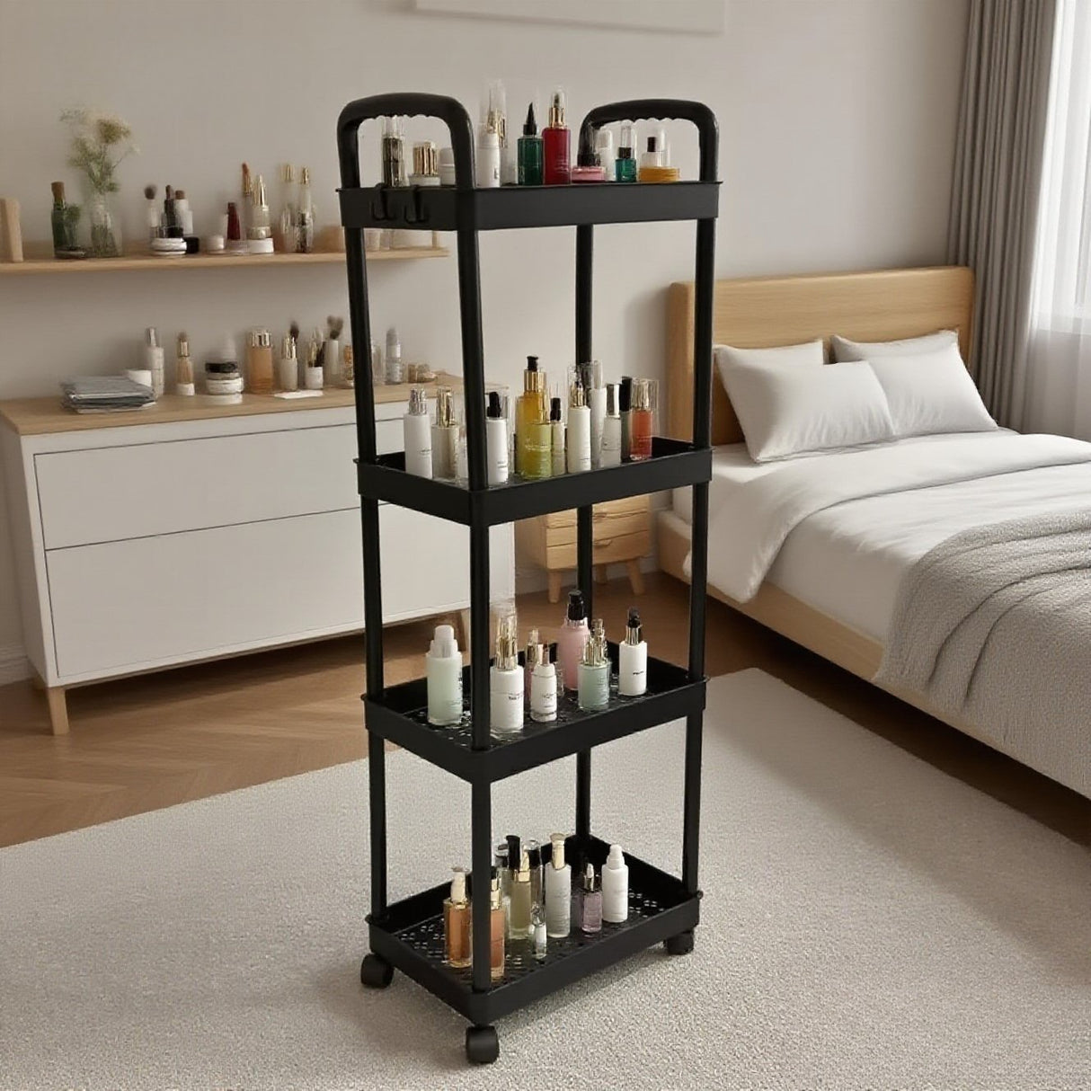 Five-Tier Rolling Cosmetics Storage Rack - Made of durable plastic, equipped with 360-degree swivel casters, strong load-bearing capacity - Suitable for bathroom, bedroom, kitchen, and home storage | White