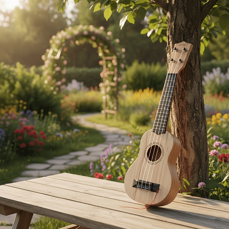 Acacia wood 17-inch Playable Ukulele Mini Guitar, lightweight and portable. Features comfortable nylon strings, includes a pick, and has open-style