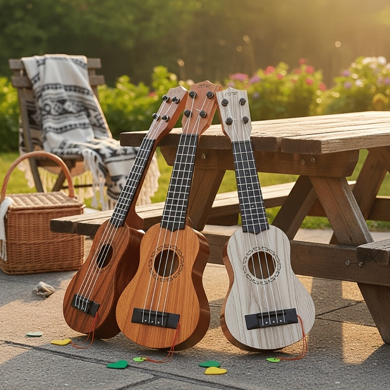 Acacia wood 17-inch Playable Ukulele Mini Guitar, lightweight and portable. Features comfortable nylon strings, includes a pick, and has open-style