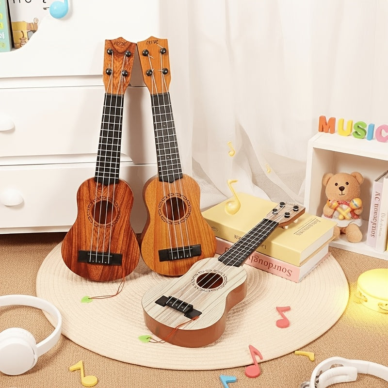Acacia wood 17-inch Playable Ukulele Mini Guitar, lightweight and portable. Features comfortable nylon strings, includes a pick, and has open-style