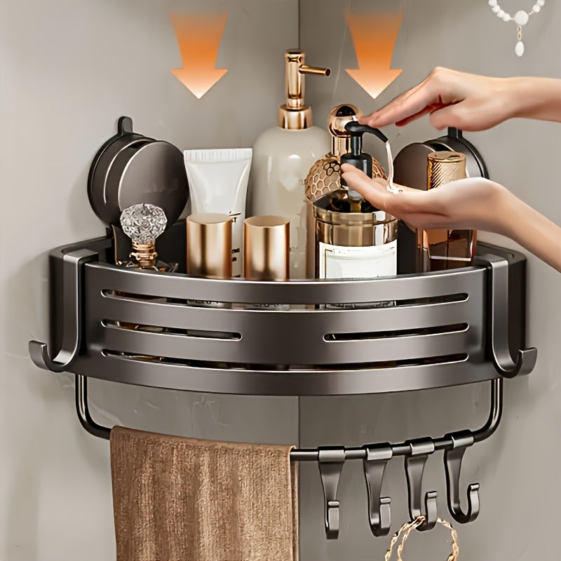 Space-Saving Suction Cup Bathroom Storage Rack | No Drilling Required, Strong Triangular Storage Shelf with Hooks, Suitable for Shower and Bathroom Walls/Tiles, Multi-Functional Organizer, All-Season Use, Bathroom Organization, Bathroom Accessories