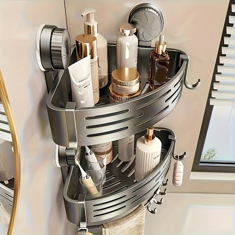 Space-Saving Suction Cup Bathroom Storage Rack | No Drilling Required, Strong Triangular Storage Shelf with Hooks, Suitable for Shower and Bathroom Walls/Tiles, Multi-Functional Organizer, All-Season Use, Bathroom Organization, Bathroom Accessories