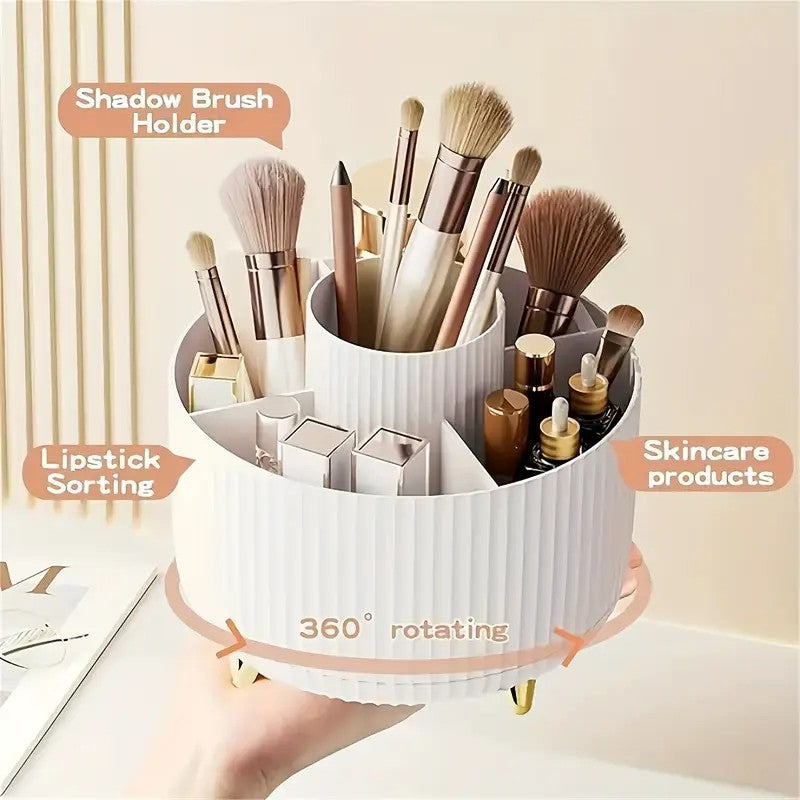 360° Rotating Multi-Compartment Makeup Brush Holder: Luxurious Vertical Texture with Golden Feet Design, Scientifically Organized Storage, One Cylinder to Tidy Your Vanity Table.