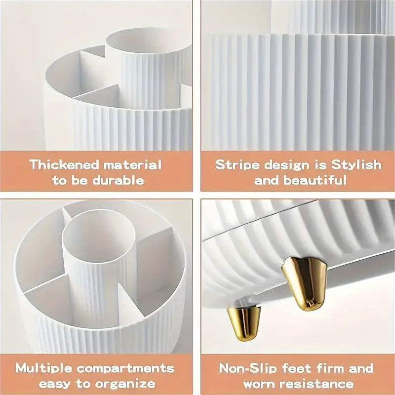 360° Rotating Multi-Compartment Makeup Brush Holder: Luxurious Vertical Texture with Golden Feet Design, Scientifically Organized Storage, One Cylinder to Tidy Your Vanity Table.