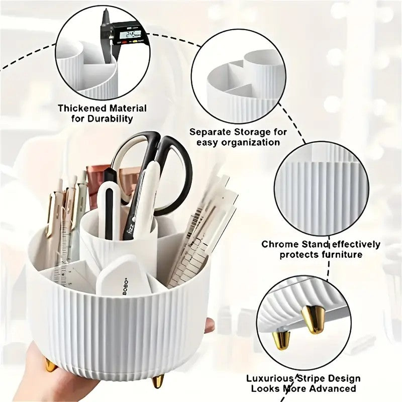 360° Rotating Multi-Compartment Makeup Brush Holder: Luxurious Vertical Texture with Golden Feet Design, Scientifically Organized Storage, One Cylinder to Tidy Your Vanity Table.