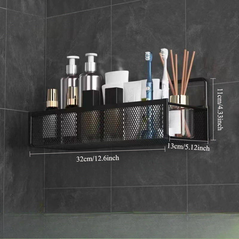 Wrought Iron Bathroom Storage Basket, Wall-Mounted Self-Adhesive Toothbrush Holder, Cosmetic & Condiment Shower Shelves, Kitchen & Bathroom Decorative Accessories/ WHITE