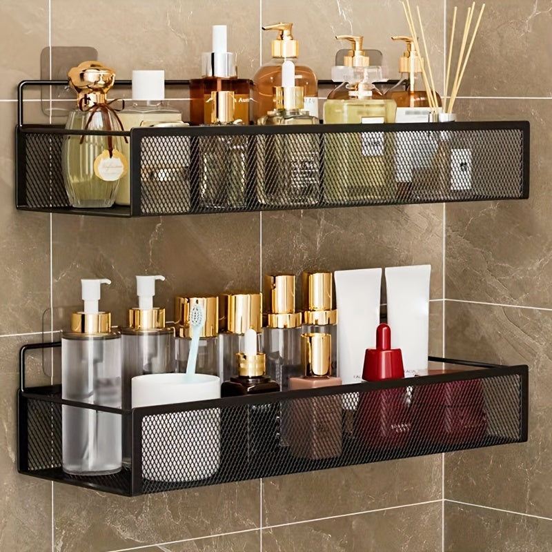 Wrought Iron Bathroom Storage Basket, Wall-Mounted Self-Adhesive Toothbrush Holder, Cosmetic & Condiment Shower Shelves, Kitchen & Bathroom Decorative Accessories/ BLACK