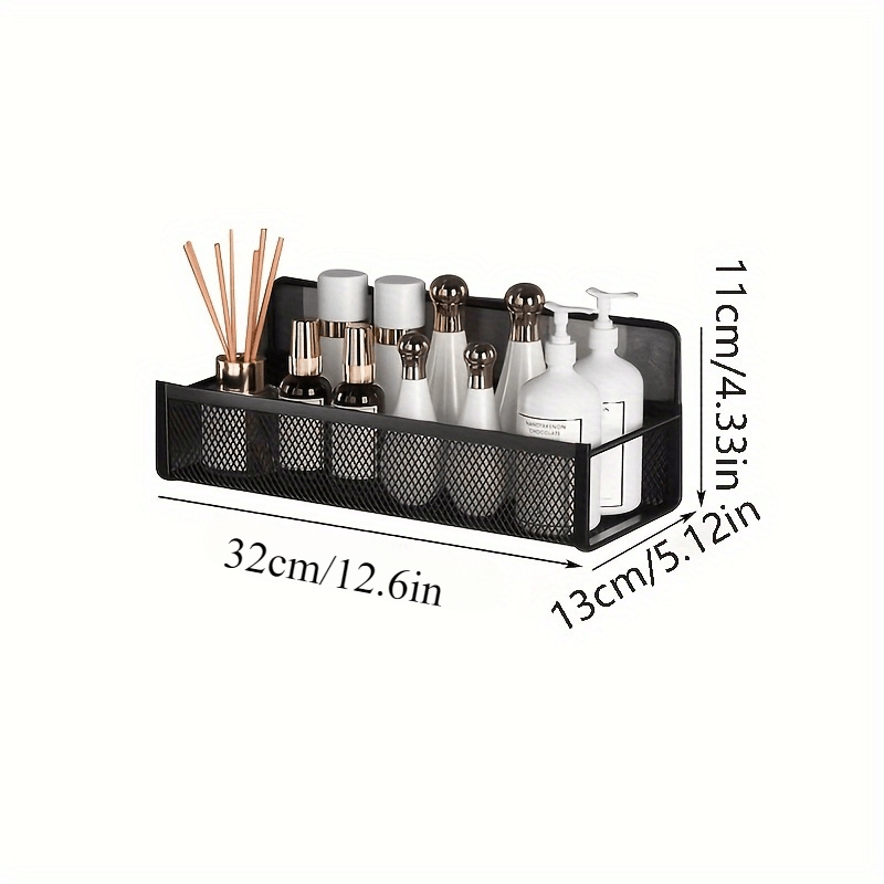 Wrought Iron Bathroom Storage Basket, Wall-Mounted Self-Adhesive Toothbrush Holder, Cosmetic & Condiment Shower Shelves, Kitchen & Bathroom Decorative Accessories/ BLACK