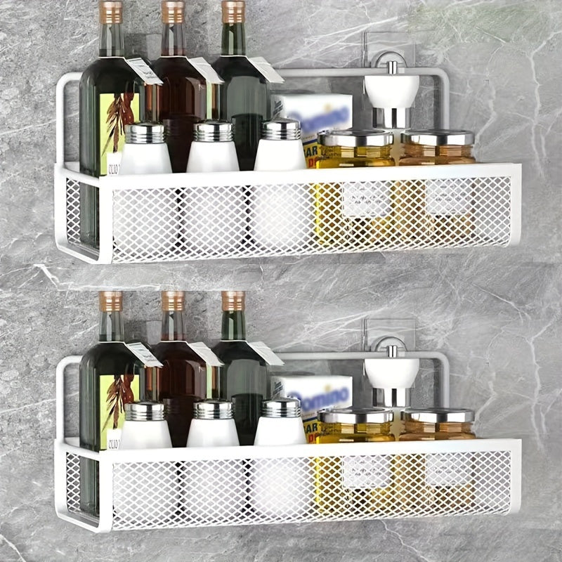 Wrought Iron Bathroom Storage Basket, Wall-Mounted Self-Adhesive Toothbrush Holder, Cosmetic & Condiment Shower Shelves, Kitchen & Bathroom Decorative Accessories/ BLACK