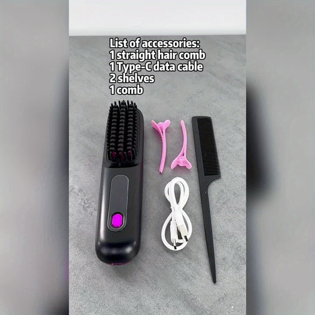 White Cordless Hair Straightener Brush: Dual 2000mAh batteries for long-lasting power, fast heating, creates smooth styles anytime, anywhere.