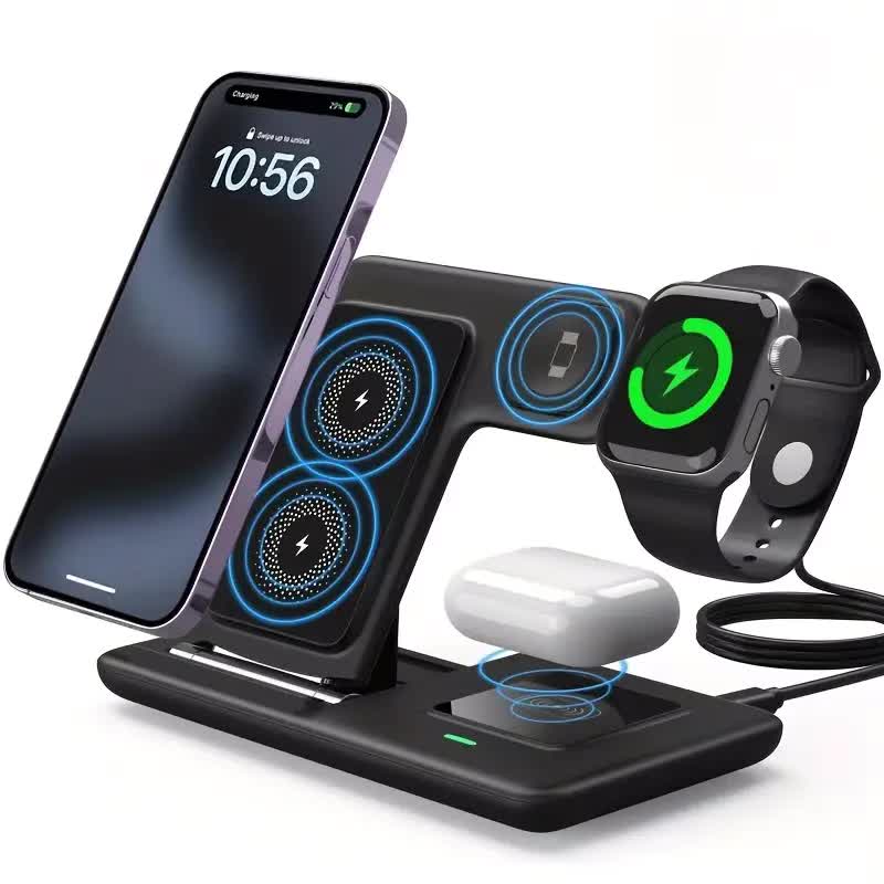 Multi-device 3-in-1 Foldable Wireless Charging Station | iWatch Series 9 8 7 6 SE 5 4 3 2, Ultra Airpods Pro 3 2, iPhone 17/16/15/14/13/12/11 Rapid Charging Stand - Magnetic Connector, USB Power Supply
