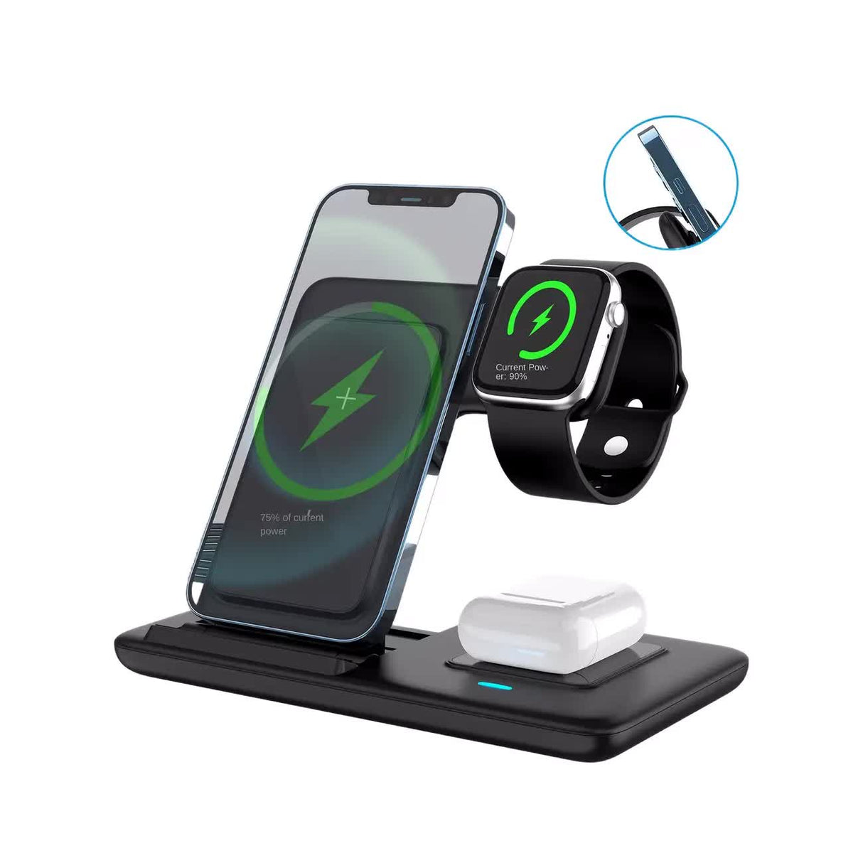 Multi-device 3-in-1 Foldable Wireless Charging Station | iWatch Series 9 8 7 6 SE 5 4 3 2, Ultra Airpods Pro 3 2, iPhone 17/16/15/14/13/12/11 Rapid Charging Stand - Magnetic Connector, USB Power Supply