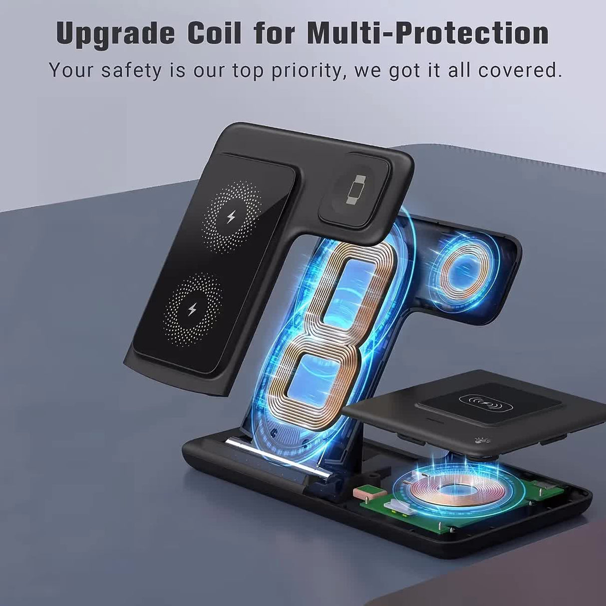 Multi-device 3-in-1 Foldable Wireless Charging Station | iWatch Series 9 8 7 6 SE 5 4 3 2, Ultra Airpods Pro 3 2, iPhone 17/16/15/14/13/12/11 Rapid Charging Stand - Magnetic Connector, USB Power Supply