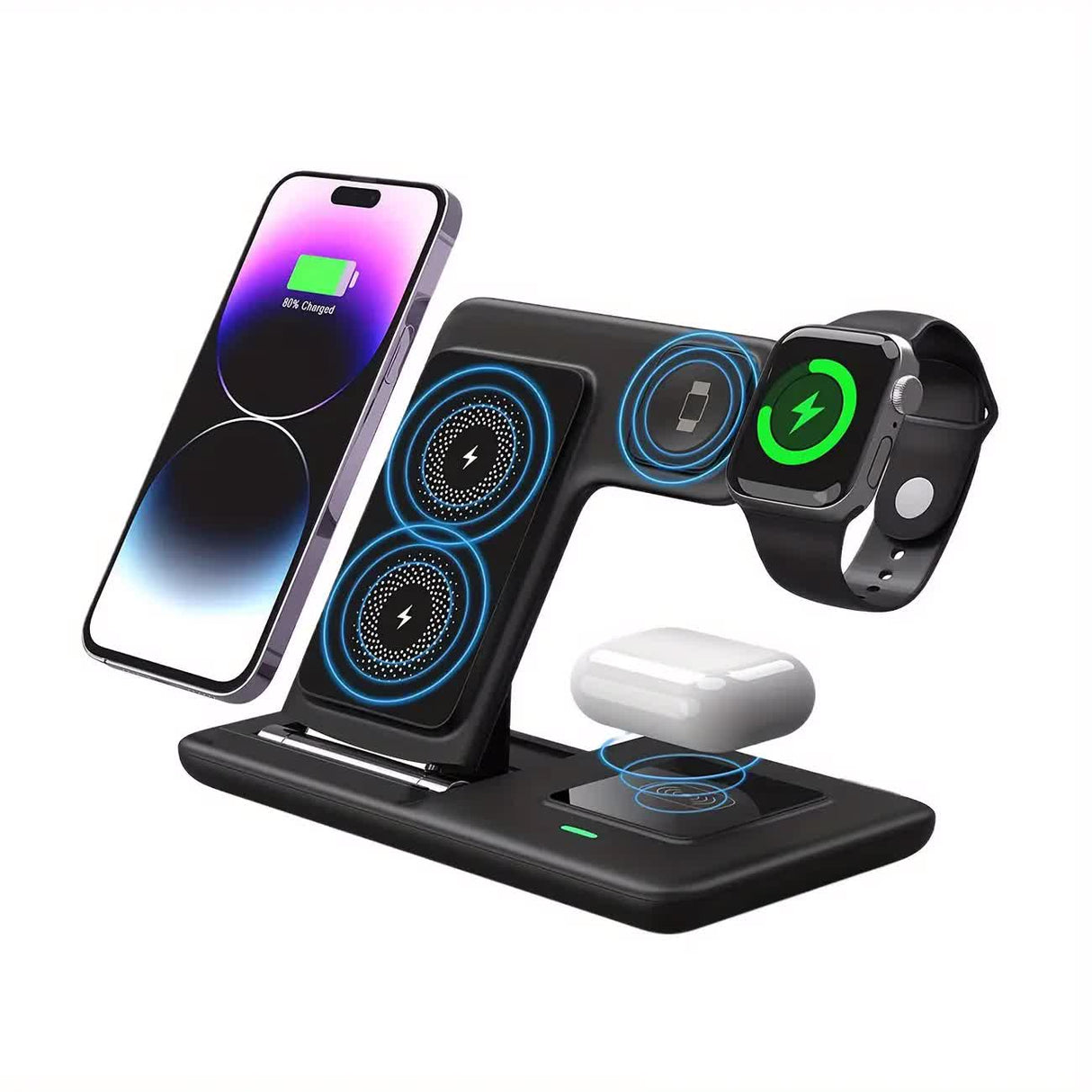 Multi-device 3-in-1 Foldable Wireless Charging Station | iWatch Series 9 8 7 6 SE 5 4 3 2, Ultra Airpods Pro 3 2, iPhone 17/16/15/14/13/12/11 Rapid Charging Stand - Magnetic Connector, USB Power Supply