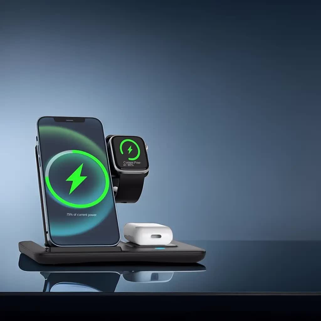 Multi-device 3-in-1 Foldable Wireless Charging Station | iWatch Series 9 8 7 6 SE 5 4 3 2, Ultra Airpods Pro 3 2, iPhone 17/16/15/14/13/12/11 Rapid Charging Stand - Magnetic Connector, USB Power Supply