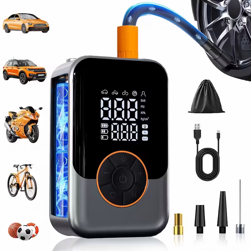 Portable wireless air compressor tire inflation pump - Equipped with digital pressure gauge, emergency LED light, 4x fast cordless design; built-in rechargeable battery; digital display tire inflation pump Suitable for car, motorcycle, bicycle tires and s