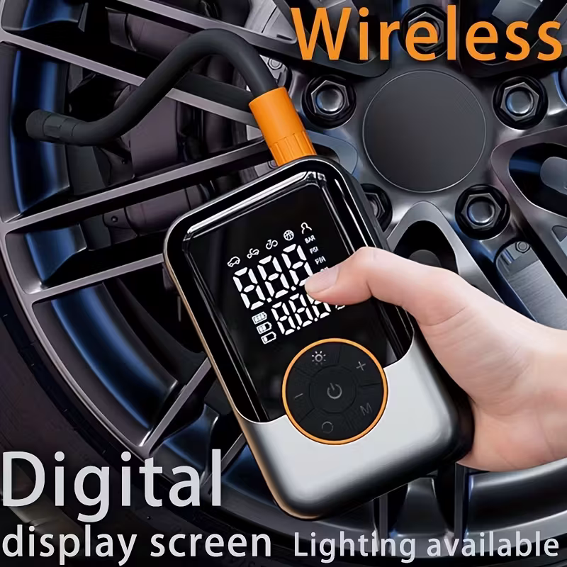 Portable wireless air compressor tire inflation pump - Equipped with digital pressure gauge, emergency LED light, 4x fast cordless design; built-in rechargeable battery; digital display tire inflation pump Suitable for car, motorcycle, bicycle tires and s