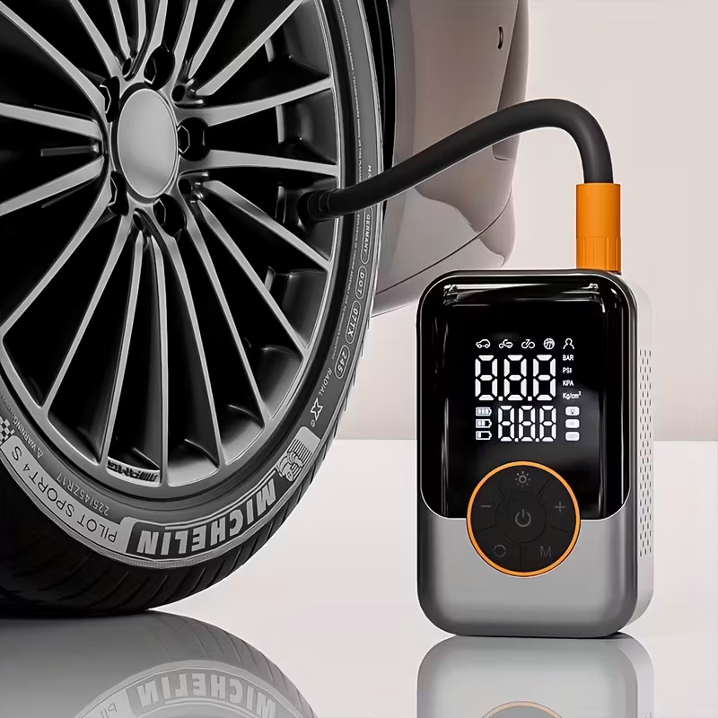 Portable wireless air compressor tire inflation pump - Equipped with digital pressure gauge, emergency LED light, 4x fast cordless design; built-in rechargeable battery; digital display tire inflation pump Suitable for car, motorcycle, bicycle tires and s